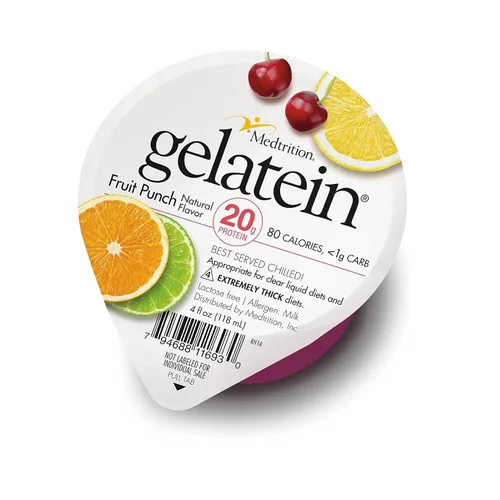 Ponche de frutas de gelateína: 0.71 oz de proteína. Sin azúcar. Ideal para dietas líquidas claras, dificultades para tragar, bariátrica, diálisis y