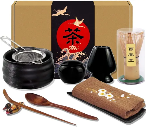 Artcome Juego de té matcha japonés de 10 piezas, cuenco matcha, batidor, cuchara, paño, soporte de bambú, organizador de polvo, colador (negro)