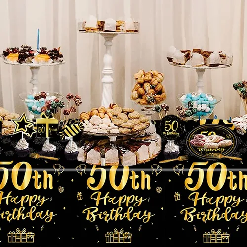 Miniatura 9 de Suministros de decoración de fiesta de cumpleaños número 50 para hombres y mujeres, incluye 16 platos, 20 servilletas, 1 mantel, 1 pancarta, 16