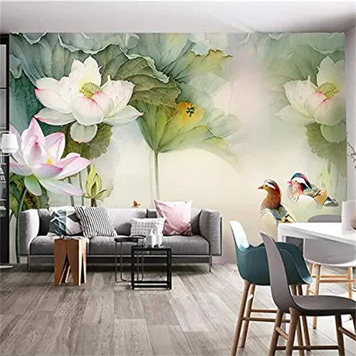 Vinilo decorativo para pared con diseño de loto y pato floreciente, calcomanías de pared de estilo chino, murales de pared extraíbles, decoración de