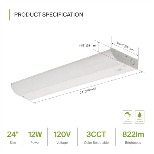 Miniatura 2 de ASD Iluminación LED para debajo del gabinete, 24 pulgadas, 12 W, 822 LM, luces regulables cableadas para debajo del gabinete para cocina, 3000
