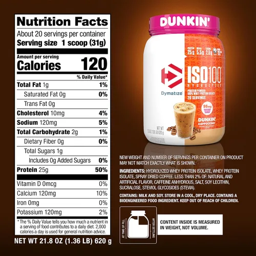 Miniatura 5 de Dymatize ISO100 100% aislado de proteína de suero hidrolizada en polvo sabor Dunkin' Cappuccino, 0.88 oz (25 g) de proteína, 95 mg de cafeína, 0.19