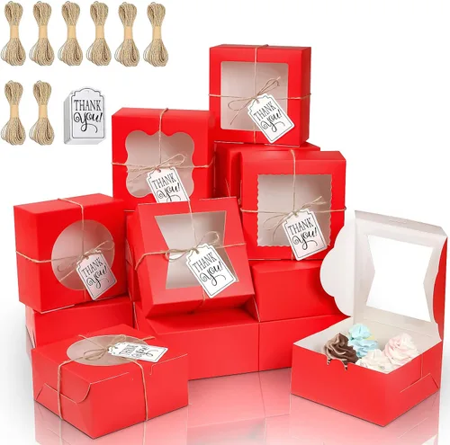 Miniatura 9 de KPOSIYA 65 cajas de panadería con ventana de 6 x 6 x 3 pulgadas, cajas de galletas de 5 estilos, cajas pequeñas de pastelería para dulces, postres