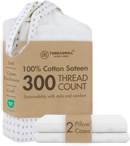 Miniatura 18 de Threadmill Home Linen Bedding - Juego de sábanas de 300 hilos, 100 % algodón, juego de cama de lujo, 4 piezas, tejido de satén suave, color blanco