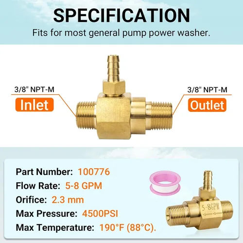 Miniatura 5 de Inyector químico 100776 para lavadora a presión de 5-8 GPM para bomba general, inyector aguas abajo e inyector de jabón, orificio de 0.091 in, 4500