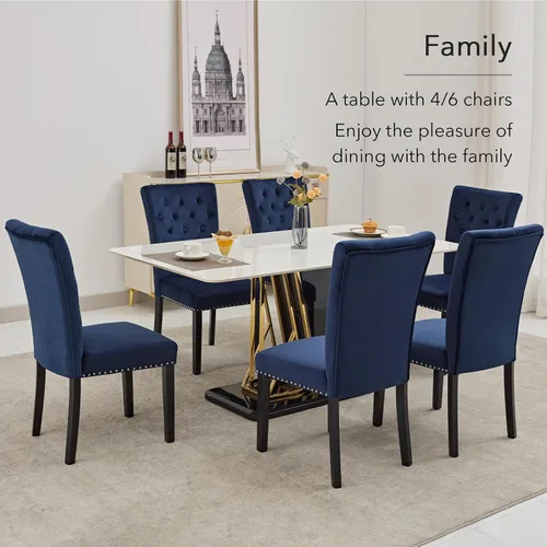 Miniatura 4 de Juego de 4 sillas de comedor de cocina de terciopelo, silla de comedor tapizada Parsons, silla decorativa de madera con ribete clavado, azul