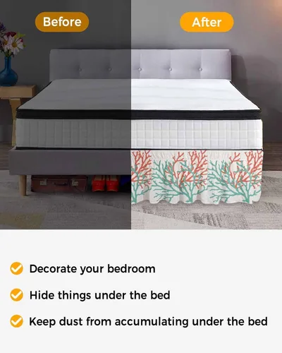 Miniatura 3 de Falda de cama color coral tamaño Queen de 16 pulgadas de caída, ajustable y elástica envolvente, plisada, con volantes de lujo para cama individual