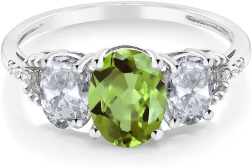 Miniatura 33 de Anillo de compromiso ovalado de oro blanco de 10 quilates con piedra natal y topacio blanco de 3 piedras con detalles de diamante Centro de 0.315