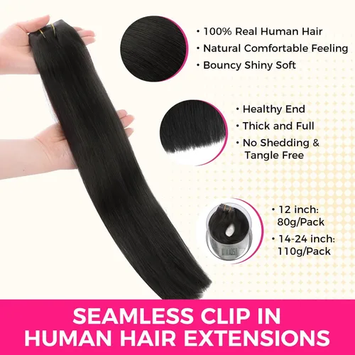 Miniatura 3 de Lashey - Extensiones de cabello con clip sin costuras, de cabello humano real, 7 unidades, 110 g, 14 pulgadas, color negro natural, lacio