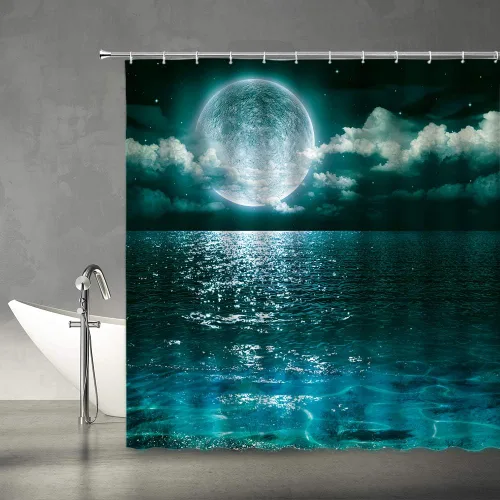 Miniatura 15 de AMFD Cortina de ducha con luna increíble, hermosa fantasía, cielo estrellado, luna brillante, azul, azul marino, negro, cortinas de baño, decoración