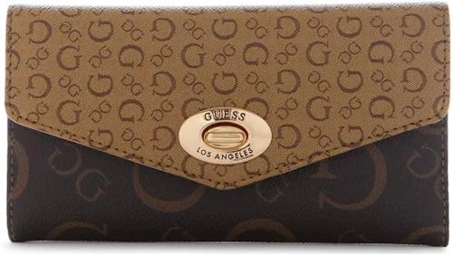 GUESS Bolso de mano delgado de Kerris con cierre giratorio para mujer, diseño de logotipo, color natural y marrón, Marrón, Cartera delgada
