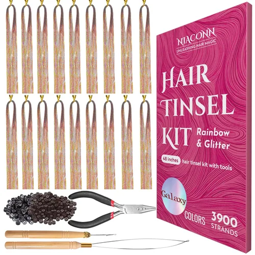 Miniatura 8 de NIACONN Kit de extensiones de oropel con purpurina de 18 colores con herramientas y cuentas, 48 pulgadas, mechones de tracción brillantes de hadas
