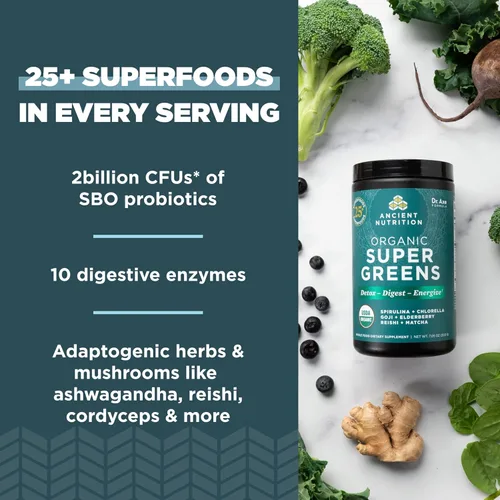 Miniatura 6 de Ancient Nutrition Polvo orgánico SuperGreens, 25 porciones + polvo de proteína de colágeno múltiple, sin sabor, 45 porciones