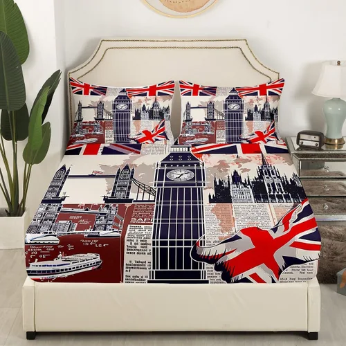 Miniatura 3 de Manfei Juego de sábanas infantiles de Londres, tamaño individual, con estampado de autobús Big Ben, para niños, diseño de mapa de bandera británica