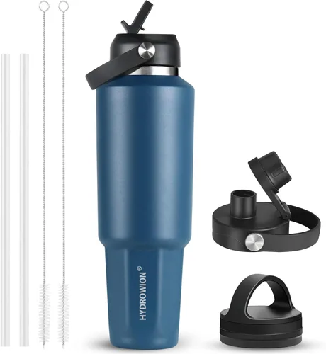Miniatura 47 de HYDROWION Botella de agua de acero inoxidable, 32 onzas, boca ancha, doble pared, aislada al vacío, con tapa de pajilla, tapa de boquilla y tapa