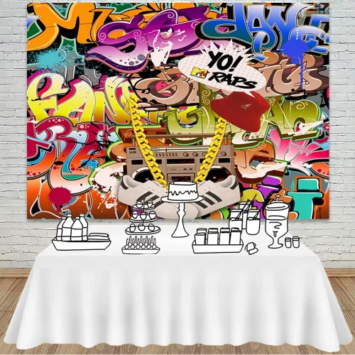 Miniatura 2 de Mocsicka Fondo de graffiti de hip hop retro de los años 80 y 90, decoración de fiesta de cumpleaños, 7 x 5 pies, arte urbano, graffiti, fondo