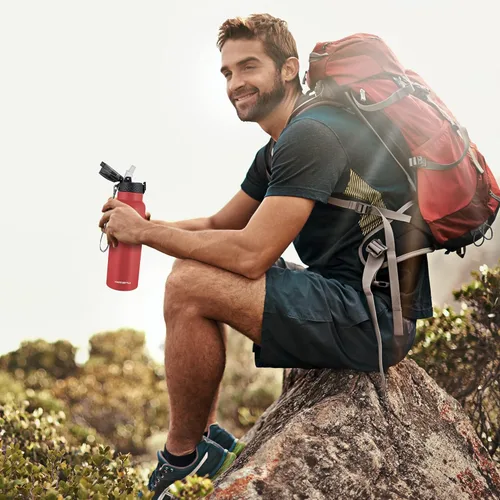 Miniatura 7 de Han's Bottle Botella de agua deportiva de 24 onzas, tapa con pajilla, a prueba de fugas, acero inoxidable aislado al vacío, doble pared, taza Rojo
