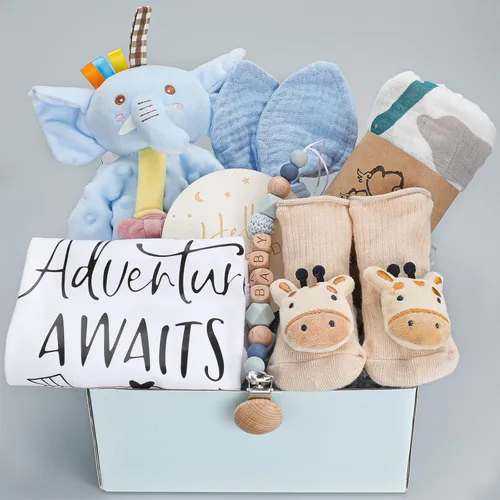 Cesta de regalo para recién nacido para niño, juego de regalo de bienvenida a casa con manta envolvente, ropa, artículos esenciales para bebé, caja