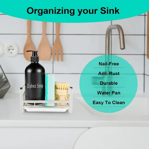 Miniatura 2 de TEZZ Soporte para esponjas de cocina, organizador de fregadero de acero inoxidable para guardar esponjas, cepillos y dispensador de jabón para Plata