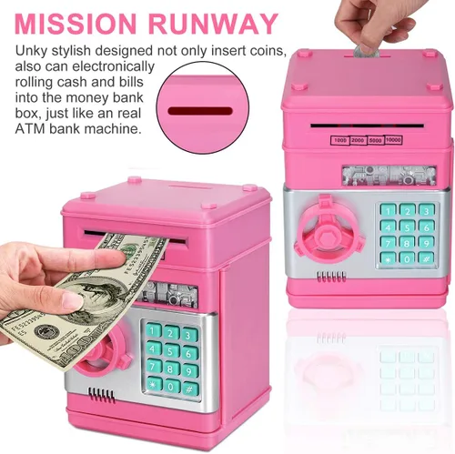 Miniatura 5 de Alcancía de caricatura Caja de seguridad electrónica con contraseña tipo cajero automático Para monedas, enrolla los billetes de forma automática