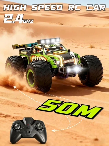 Miniatura 5 de Coche de Control Remoto, Vehículo RC Juguete, Camión RC de Alta Velocidad 20 KM/H Todo Terreno con 2 Faros y 2 Baterías Recargables, Juguetes