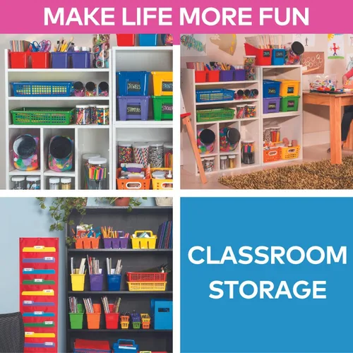 Miniatura 4 de Fun Express Contenedores apilables de almacenamiento de 13 x 9.75 x 3 pulgadas, paquete de 6 cestas de almacenamiento de plástico coloridas con asas