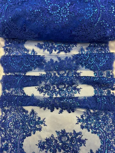 Miniatura 4 de Valentina Textile Inc Tela de encaje con lentejuelas con bordados en malla (1 yarda, Oro) VT-14 Dorado