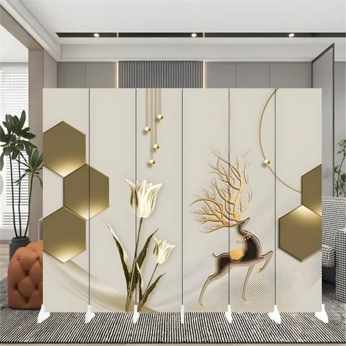 Miniatura 23 de Divisor de habitación, 6 paneles de madera plegables de privacidad con base de pies más anchos, separador de habitación portátil independiente