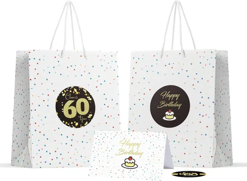 Sumerk 60 bolsas de regalo para cumpleaños 60 - Paquete de 2, incluye 2 tarjetas y 2 hojas de calcomanías