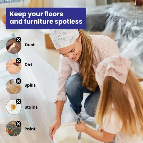 Miniatura 2 de VICMORE Paquete de 2 paños de plástico de 9 pies por 12 pies, cubierta de piso de pintura de plástico para muebles, cubierta impermeable