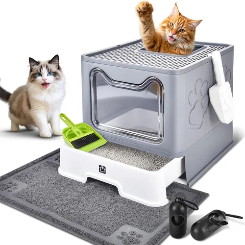 Miniatura 13 de Caja de arena cubierta para gatos con alfombrilla de arena, plegable, extra grande, puerta ajustable de doble entrada, diseño de cajón, caja de Azul