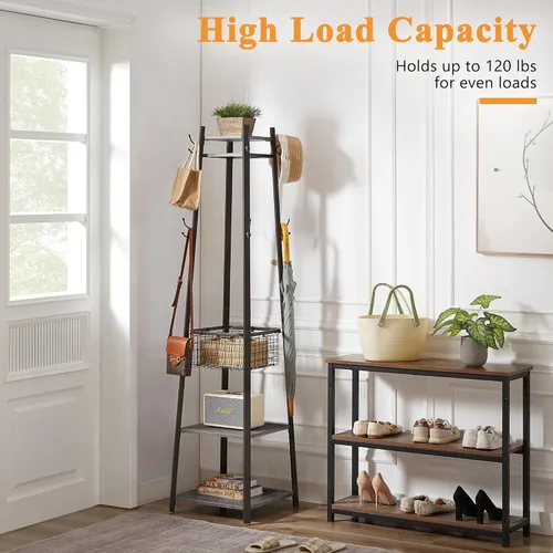Miniatura 7 de VECELO Perchero independiente, árbol de pasillo con cesta de metal y estantes de almacenamiento, perchero industrial con 8 ganchos para colgar Marrón