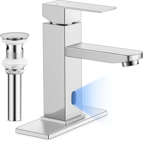 Miniatura 14 de Herogo - Grifo de lavabo de baño sin contacto, sensor automático, color negro mate, cascada de acero inoxidable, con drenaje desplegable de latón