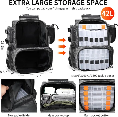 Miniatura 3 de Rabjen Mochila de aparejos de pesca con soportes para caña, soporte para botellas, bolsa de almacenamiento, tienda de equipo de pesca Camuflaje Negro