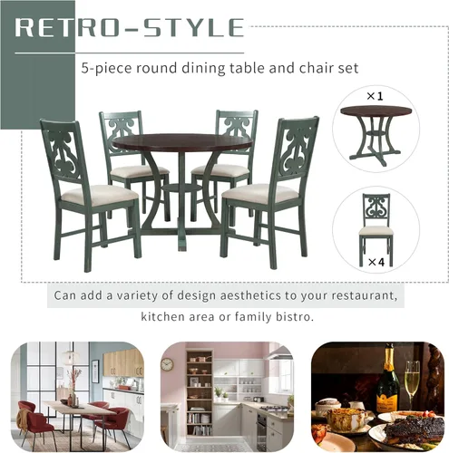 Miniatura 5 de Juego de mesa de comedor redonda clásica de 5 piezas con patas de forma especial y respaldo hueco para silla, para comedor, cocina, apartamento