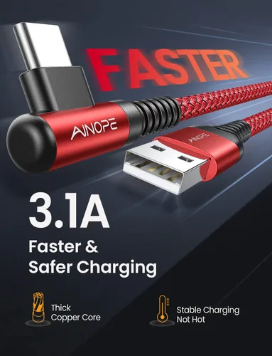 Miniatura 3 de AINOPE - Cable USB C a USB [Paquete de 3 unidades 3.3 pies/6.6 pies/10 pies] 3.1A USB carga rápida en ángulo recto, cable de carga USB C trenzado