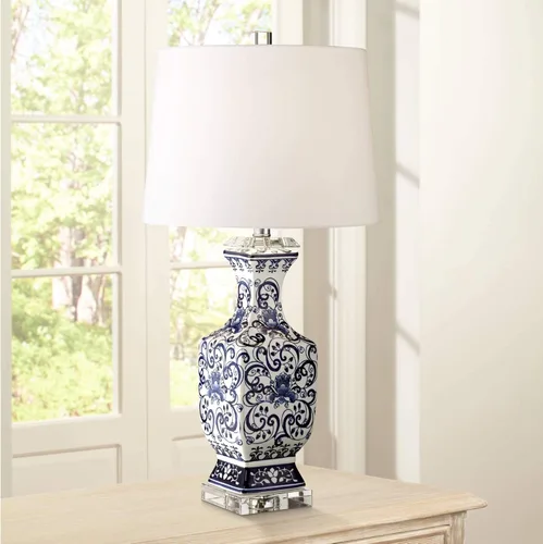 Miniatura 8 de Barnes and Ivy Iris - Juego de 2 lámparas de mesa asiáticas chinas estilo tarro de 28 pulgadas de alto, cristal de porcelana azul, Ginebra de tela