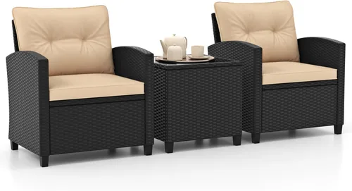 Miniatura 10 de HAPPYGRILL Juego de conversación para patio de 3 piezas, juego de muebles de exterior de sofá de ratán PE con cojines removibles, sillas de mimbre