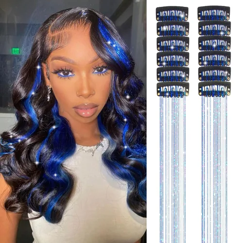 Miniatura 8 de Paquete de 12 extensiones de cabello de oropel con clip, 24 pulgadas, accesorios para el cabello de hada brillante para niñas y mujeres, fiesta