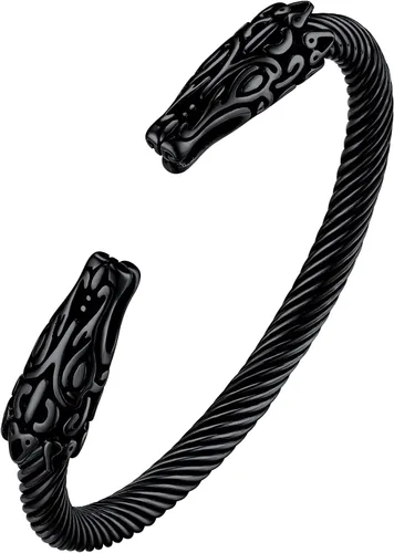 Bestyle Brazalete vikingo de acero inoxidable pesado para hombres y niños, pulsera ajustable abierta de cuervoloboruna, vintage, retro, joyería