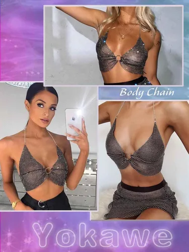 Miniatura 7 de Yokawe Sujetador de cristal sexy, cadena de cuerpo negro brillante con diamantes de imitación para bikini, brasier corto, fiesta, rave, festival