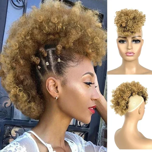 Miniatura 7 de UA Jerry Curls Mohawk - Cola de caballo sin cordón con flequillo, sintético, corto, afro, rizado, 6 clips BB (2#, negro natural)