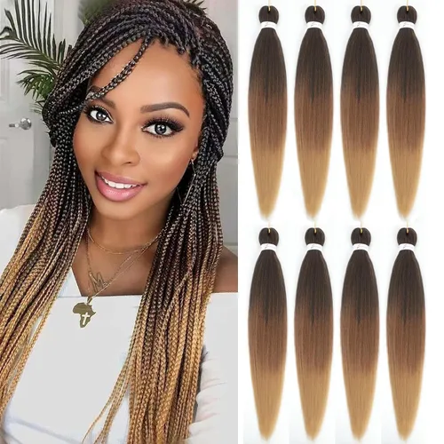Cabello Trenzado Ombré Pre-Estirado 26 Pulgadas Ombré Marrón 8 Paquetes/Lote Trenza Fijación con Agua Caliente Cabello Sintético Profesional para