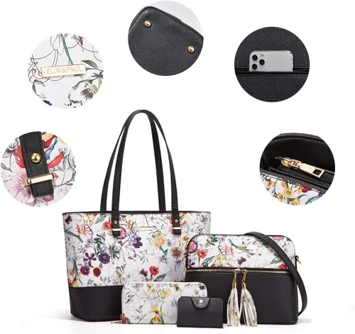 Miniatura 164 de Juego de 4 bolsas modernos para mujer de cuero sintético: bolso tote, bolso de hombro, bolso de mano y cartera.
