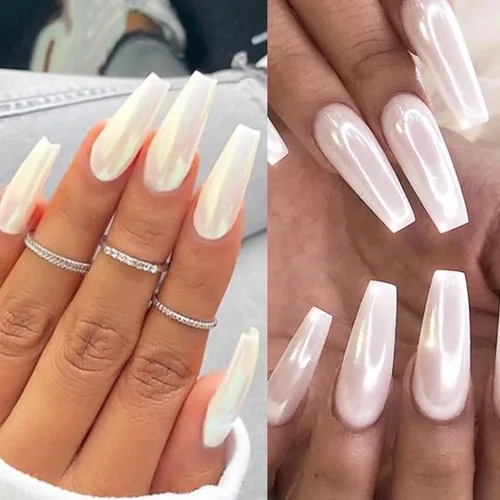 Miniatura 7 de WOKOTO Polvo de uñas de cromo perla blanca para arte de uñas, efecto espejo holográfico Aurora, polvo cromado, concha iridiscente, pigmento de arte