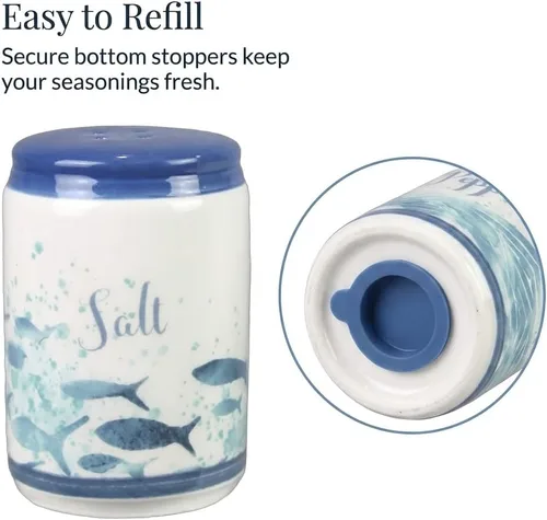 Miniatura 4 de Beachy Blue Fish & Ocean Waves - Salero y pimentero de cerámica Decoración funcional pintada a mano en azul y blanco costero para cocina y comedor
