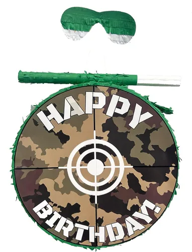 APINATA4U - Juego de piñata de camuflaje verde con palo y venda, 16 x 4 pulgadas, suministros de fiesta de juego de caza, decoraciones de feliz