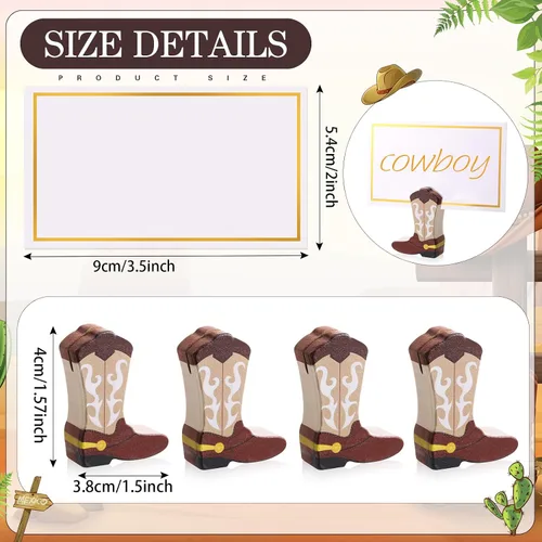 Miniatura 2 de Kigley 18 piezas de mini botas de vaquero adornos de madera, tarjetero y 25 piezas de papel de aluminio dorado blanco soporte para números