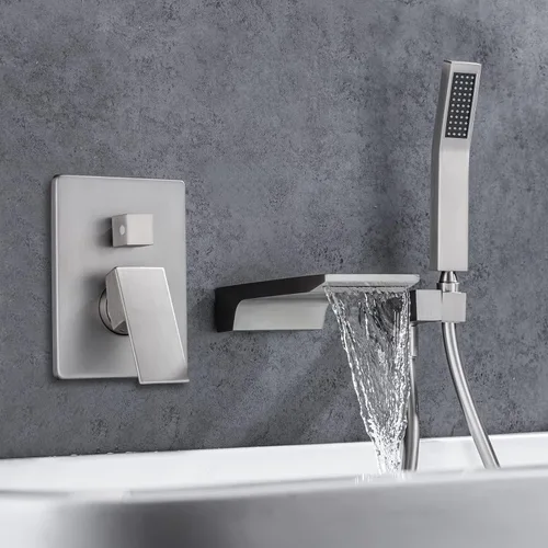 Miniatura 8 de Grifo de llenado de bañera de montaje en pared con boquilla de cascada, grifo de bañera de cascada con ducha de mano, grifo moderno de llenado