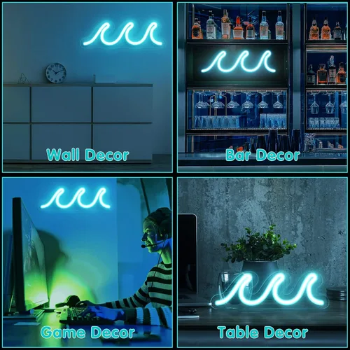 Miniatura 5 de Letreros de neón ondulados para dormitorio, letreros de neón LED azul hielo para decoración de pared, luces nocturnas alimentadas por USB
